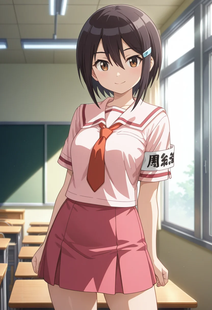 masterpiece, best quality, amazing quality, 1girl, solo, cowboy shot, mawariww, brown eyes, black hair, short hair, hair between eyes, hairclip, school uniform, pink serafuku, pink sailor collar, pink shirt, short sleeves, armband, red pleated skirt, socks, looking at viewer, smile, indoors, day, skindentation, detailed clothing folds, depth of field, sharp, high contrast, dynamic light <lora:Zenigata_Mawari_Seto_no_Hanayome_ill_v20:0.9>