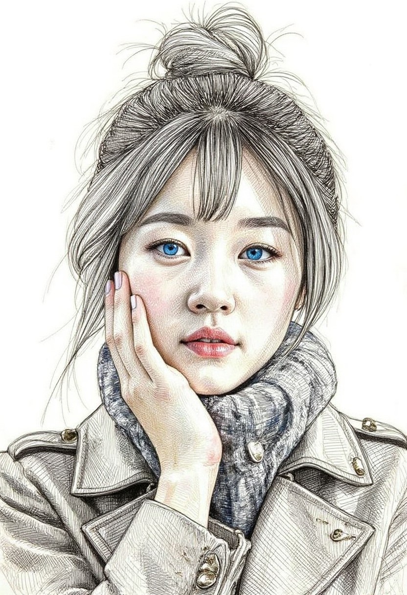 crosshatch drawing, ultra close up face, look the viewer, half face focused, a young woman with white hair, hair bun, long bangs, Korean, covering the face with coat's collar, sensuous, blue eyes, academic realism, historical subjects,