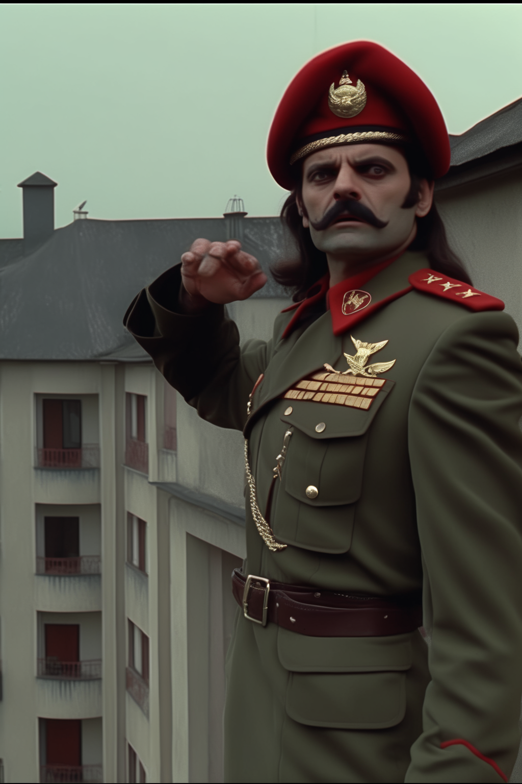 <lora:Director Emir Kusturica style:1>Director Emir Kusturica style - CNN TV newscast of a balcony on a building where  is standing and wearing military garb with a beret, armed raised in air,1980s dark horror movie satanic dark red demon with horns behind, DVD screen grab style of 1980s Dark Fantasy Movie Screengrab,style of 80's Dark Fantasy Film, dvd screengrab, hyper realistic, sci fi, fantasy movie, demon creatures in background
