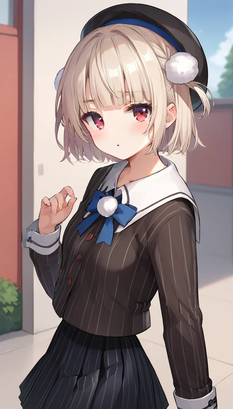 score_9,score_8_up,score_7_up,score_6_up BREAK official art,solo,outdoors,upper body,(portrait:1.5),looking at viewer,facing viewer,blush,Ui(voisona),beret,black headwear,light brown hair,short hair,hair rings,pom pom hair ornament,side braid,french braid,blunt bangs,red eyes,school uniform,black jacket,vertical-striped jacket,white sailor collar,neck ribbon,pom pom (clothes),long sleeves,white wrist cuffs,double-breasted,black skirt,pleated skirt,vertical-striped skirt,blue socks,loafers,<lora:Ui(voisona)-Pony:1.4>,