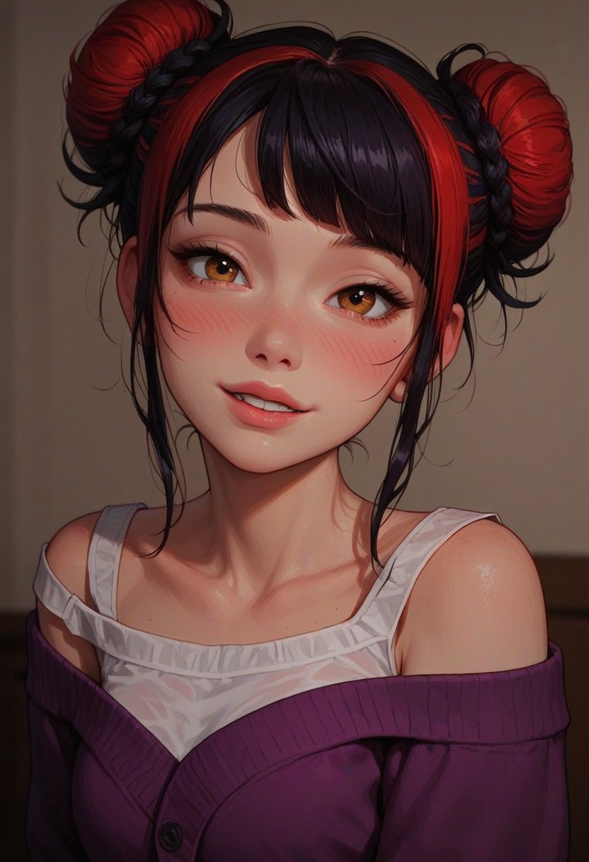 score_9_up, score_8_up, score_7_up, score_6_up, 1girl, 25 years old, perfect face, adult, 
detailed face, portrait, face focus, depth of field, looking at viewer, blush, shy smile, (close up), 
multicolored hair, black hair, red hair, hair bun, double bun, messy hair,
white shirt, purple cardigan, off shoulder, 
bedroom,
