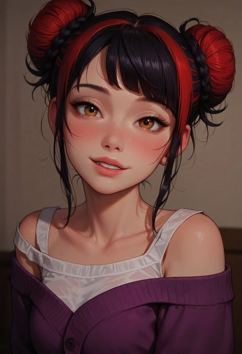 score_9_up, score_8_up, score_7_up, score_6_up, 1girl, 25 years old, perfect face, adult,
detailed face, portrait, face focus, depth of field, looking at viewer, blush, shy smile, (close up),
multicolored hair, black hair, red hair, hair bun, double bun, messy hair,
white shirt, purple cardigan, off shoulder,
bedroom,