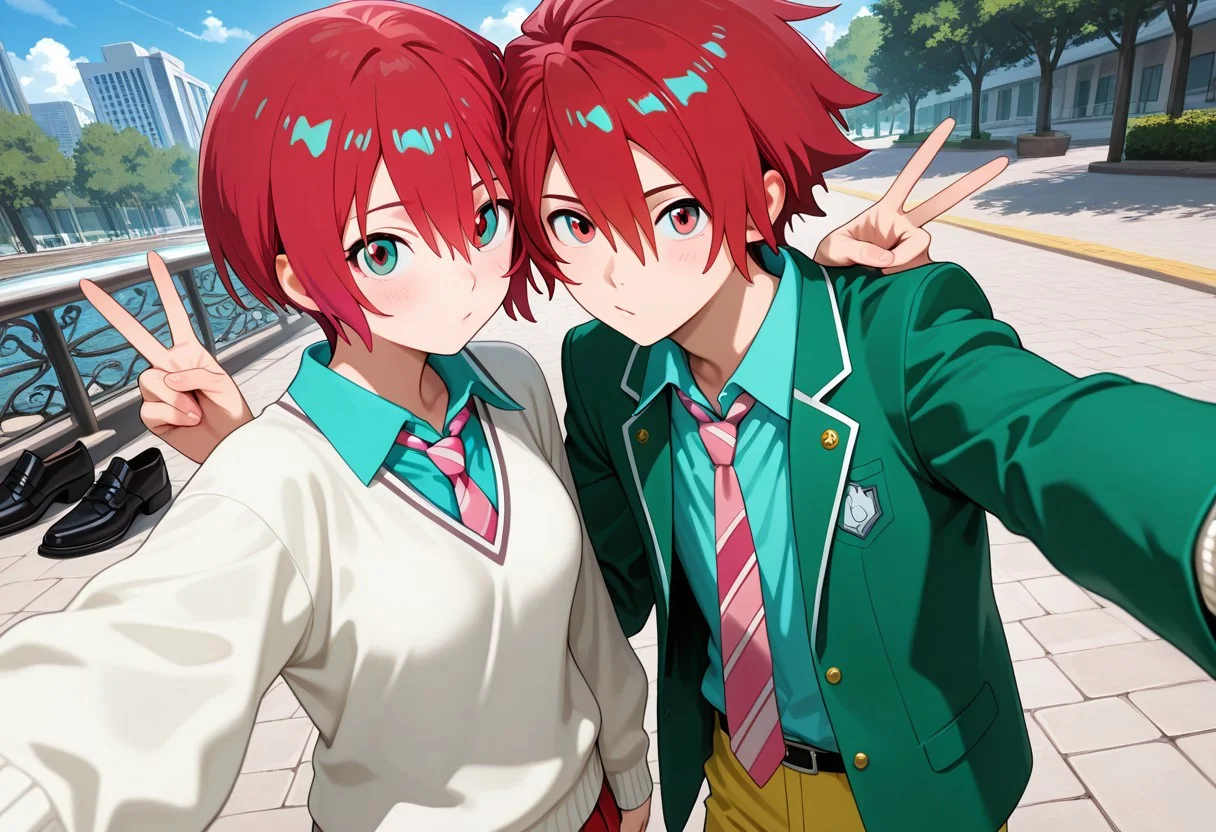 masterpiece, best quality, amazing quality, absurdres, newest, detailed background, definition so sharp, Ultra-HD, 8K cinematic, very awa, impressionate, amazing quality, highres,
duo, couple focus, different high, different size, side by side, v, selfie, upper body, day, blue sky, outdoor,
BREAK
1boy, kagayakibishounen, takuto_red eyes, takuto,red hair, short hair, takuto_school uniform, green blazer, white collared shirt, pink tie, yellow pants, black leather shoes
BREAK
1girl, amate yuzuriha,aqua shirt,striped necktie,white sweater,
