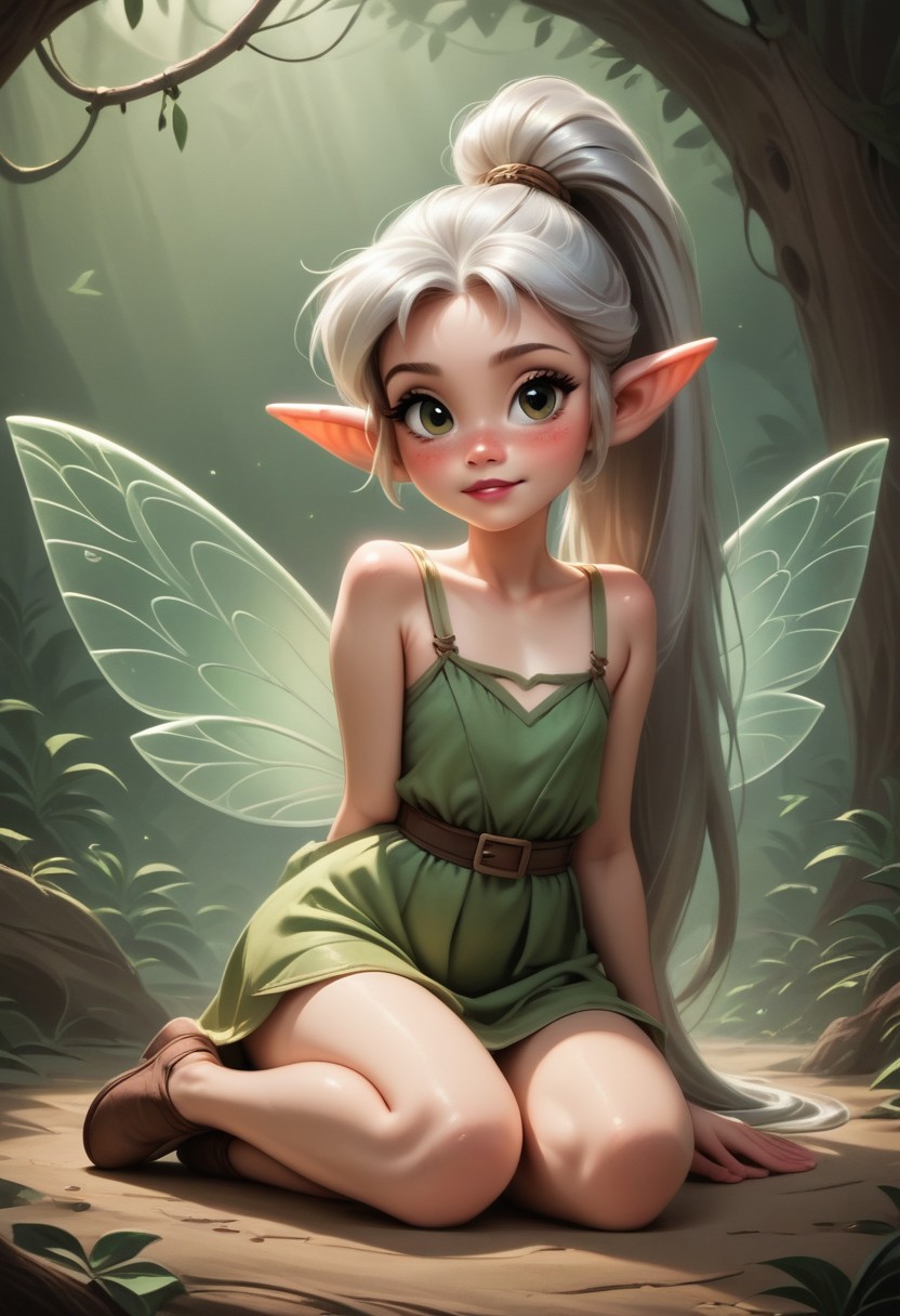 masterpiece, 8k, perfect ligthing, , child, 1girl, female, looking at viewer, cinematic lighting, Fawn, young face, (FawnWaifu:1.1), single ponytail, extra long ponytail, dress, (extra long white fairy wings), long wings, brown green clothes, clothes made from leaves, silver hair, pointy ears, (detailled eyes), shrunken, lying on side, lying on ground, blush, pixiedust, jungle, treehouse, <lora:FawnTinkerbellDisney-08:0.6> <lora:realisticGlossyFaceSkin_rseromanticRsesofiko:0.3><hypernet:empty:0.5>