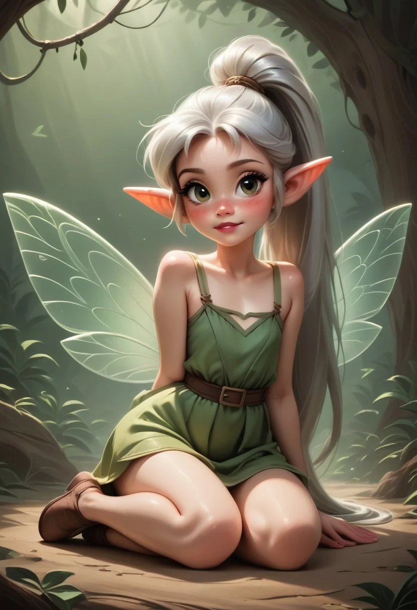 masterpiece, 8k, perfect ligthing, , child, 1girl, female, looking at viewer, cinematic lighting, Fawn, young face, (FawnWaifu:1.1), single ponytail, extra long ponytail, dress, (extra long white fairy wings), long wings, brown green clothes, clothes made from leaves, silver hair, pointy ears, (detailled eyes), shrunken, lying on side, lying on ground, blush, pixiedust, jungle, treehouse, <lora:FawnTinkerbellDisney-08:0.6> <lora:realisticGlossyFaceSkin_rseromanticRsesofiko:0.3><hypernet:empty:0.5>