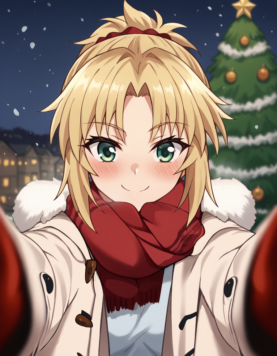 score_9, score_8_up, score_7_up, source_anime, <lora:mordred-apocrypha-s1-ponyxl-lora-nochekaiser:1>, mordred, green eyes, blonde hair, ponytail, short hair, scrunchie, red scrunchie, hair scrunchie, medium breasts,, <lora:pov-cheek-warming-ponyxl-lora-nochekaiser:1>, pov cheek warming, pov cheek warming (meme), winter gloves, duffel coat, fur-trimmed scarf, winter clothes, red mittens, meme, winter coat, red scarf, fur-trimmed coat, reaching towards viewer, reaching, mittens, fur-trimmed hood, white coat, open coat, scarf, coat, red gloves, snowing, pov, fur trim, depth of field, smile, blush,, christmas, christmas tree, christmas lights,,