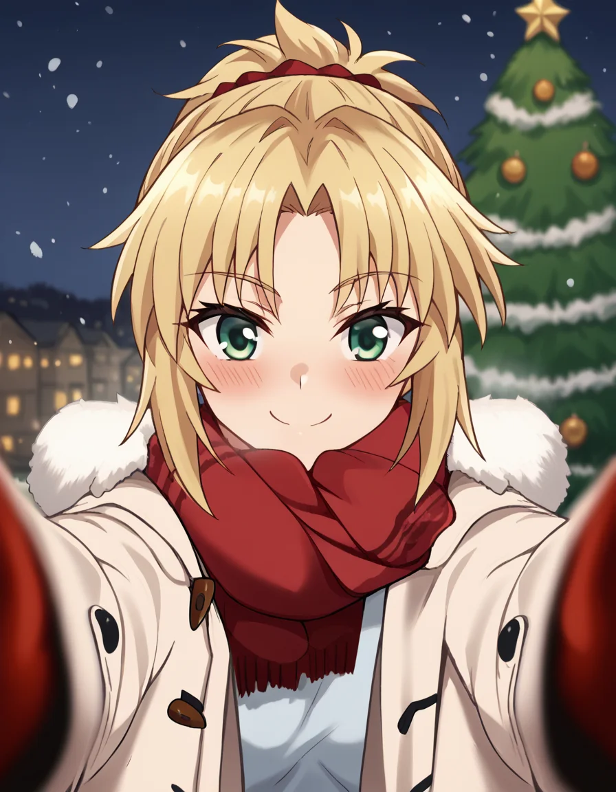 score_9, score_8_up, score_7_up, source_anime, <lora:mordred-apocrypha-s1-ponyxl-lora-nochekaiser:1>, mordred, green eyes, blonde hair, ponytail, short hair, scrunchie, red scrunchie, hair scrunchie, medium breasts,, <lora:pov-cheek-warming-ponyxl-lora-nochekaiser:1>, pov cheek warming, pov cheek warming (meme), winter gloves, duffel coat, fur-trimmed scarf, winter clothes, red mittens, meme, winter coat, red scarf, fur-trimmed coat, reaching towards viewer, reaching, mittens, fur-trimmed hood, white coat, open coat, scarf, coat, red gloves, snowing, pov, fur trim, depth of field, smile, blush,, christmas, christmas tree, christmas lights,,