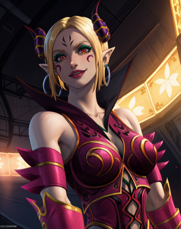 Shannon,blonde hair,horns,pointy ears,short hair, red eyes, makeup, green body tattoos,  upper body, smiling,
 carnival, on stage, show lights, (insanely detailed, beautiful detailed face, masterpiece, best quality) 
 <lora:Shannon-10v5:0.7>