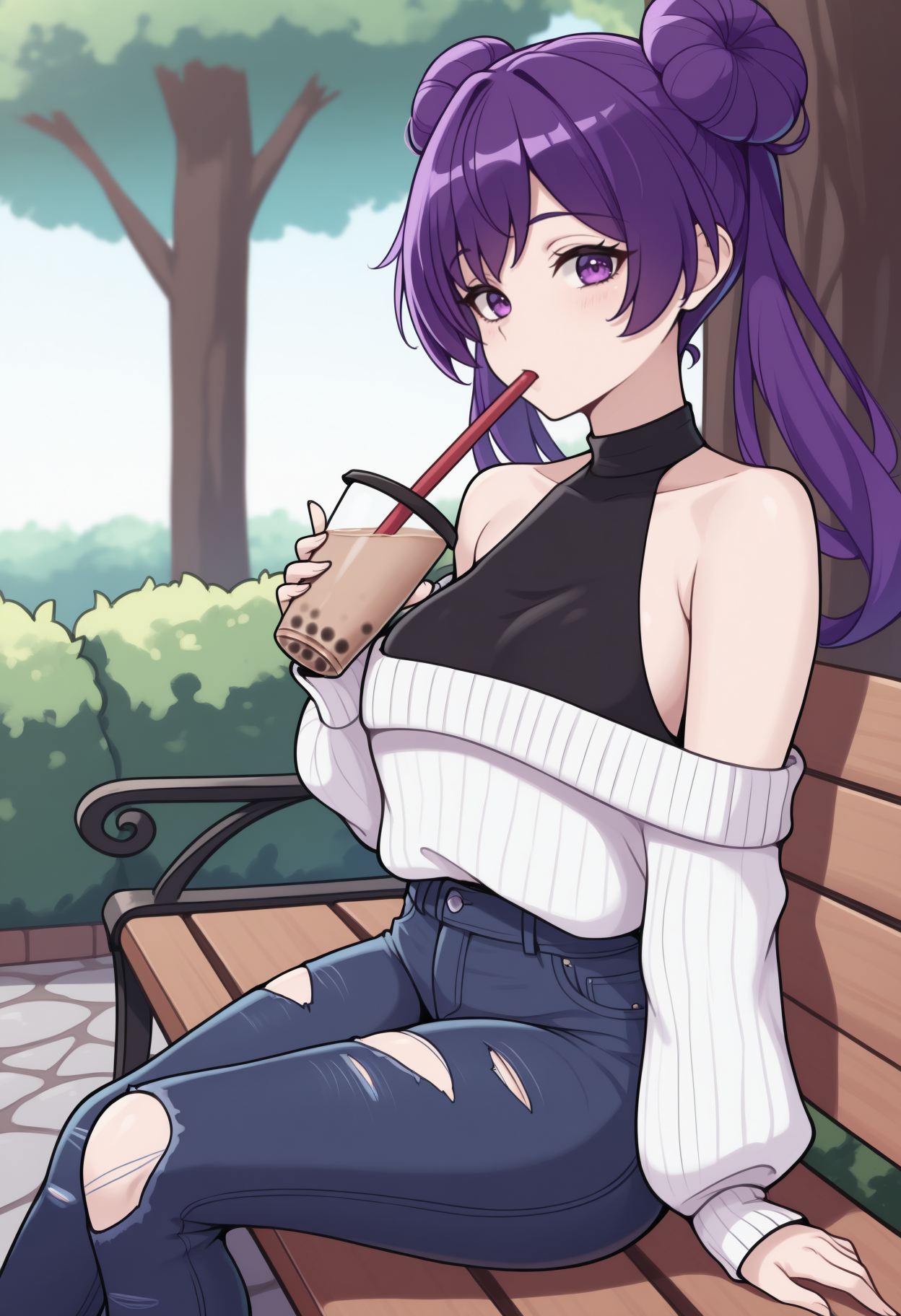 masterpiece, best quality, feet out of frame, solo, 1girl, looking at viewer, sitting, park bench, holding drink, bubble tea, drinking straw in mouth, purple hair, double bun, twintails, purple eyes, white sweater, off-shoulder sweater, long sleeves, black shirt, halter shirt, sleeveless shirt, torn jeans, bare shoulders, outdoors, day, tree, bush, cobblestone
<segment:yolo-Anzhc Face seg 640 v2 y8n.pt,0.4,0.5//cid=1>