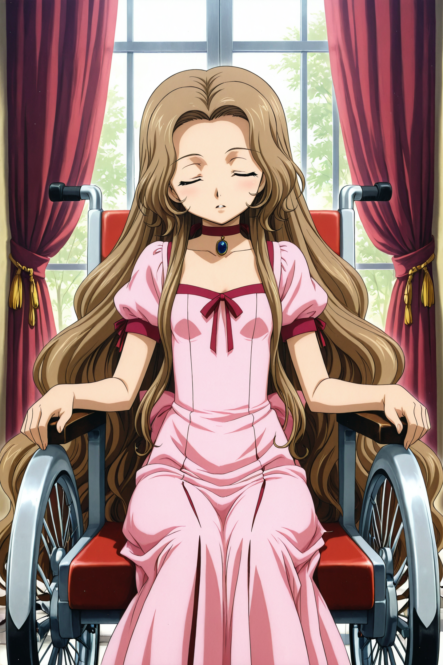 nunnally vi britannia,1girl,solo,long hair,brown hair,dress,sitting,closed eyes,very long hair,choker,wheelchair,
<lora:Takahiro Kimura_illustriousXL:1>,