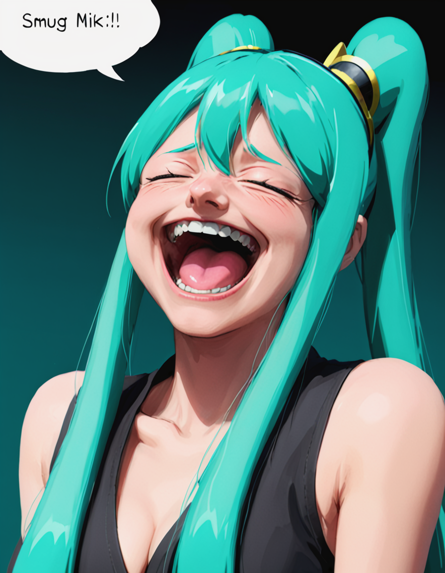 <lora:merriviuselfmeme_smug_xl:1.2> merriviuselfmeme_smug, exaggerated smug expression, hatsune miku