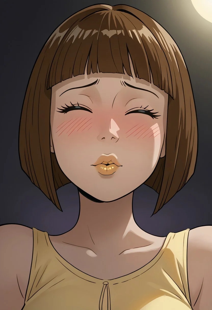 score_9, score_8_up, masterpiece, 1girl, solo, close up shot, source_cartoon, rating_suggestive,
high detail, perfect face,  
volumetric lighting, brightly lit face,
plain white background, single color background,
BREAK, highly detailed face, 20yo,
1girl, solo, paz, short brown hair, bob cut, bangs,, closed  eyes, yellow sundress, [seethrough clothing]
 ((lips puckered, preparing to kiss)), seductive,
 blushing, 
 front view,  extreme face closeup, face pov, kiss pov, glamorous, eye level,