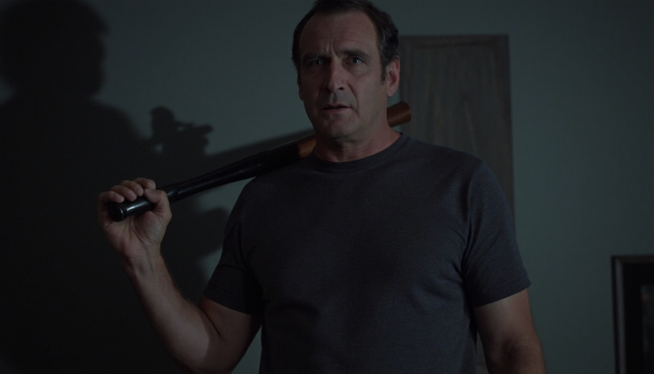 cinematic medium shot of a 50 y.o. man standing in a living room at night, scared expression, holding a large baseball bat, wearing a t-shirt and boxer shorts. He is lit by a flash light, casting a large shadow on the wall behind him. Cold direct artificial light. High resolution. 2020s movie <lora:dark_cinematic-000080:1>