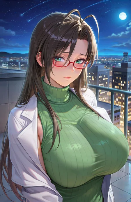 <lora:hasegawa_chisato_IL-33:0.8> hasegawa chisato, 1girl, solo, long hair, breasts, looking at viewer, blush, black hair, green eyes, upper body, glasses, sleeveless, huge breasts, sweater, turtleneck, antenna hair, ribbed sweater, red-framed eyewear, labcoat, green sweater, sleeveless sweater, mole under eye, realistic, outdoors, rooftop, night, stars, city, moonlight, source_anime