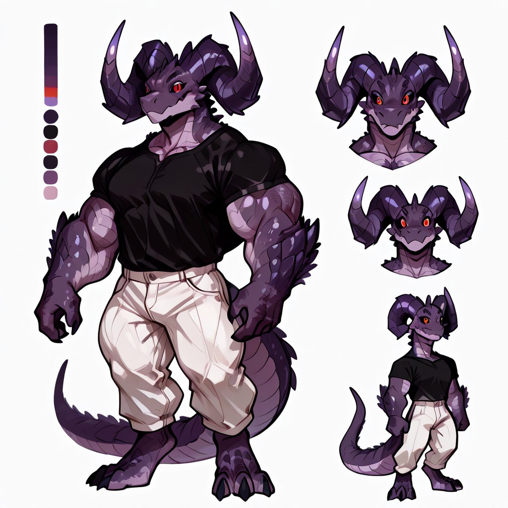 CharacterDesignIllustrious,,, reference sheet, simple white background, (color guide:1.2), (multiple views), (full body), dynamic pose,, Kobold, adult, male, horn, purple horns, big horns, scales, purple scales, Muscles Hyper Buff, Black shirt, white pants, black sclera, red eyes, narrow face, rugged look, small scars, hairy, detailed, solo