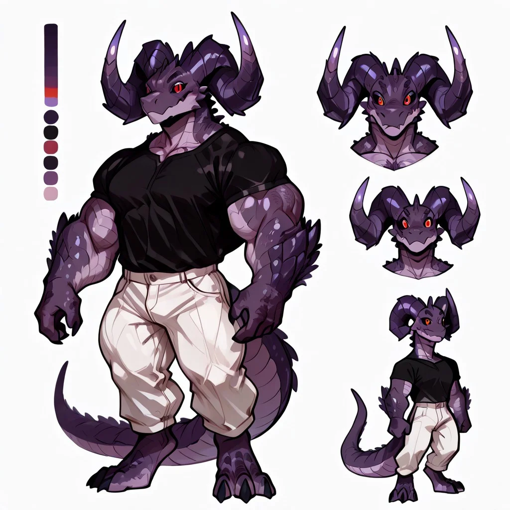 CharacterDesignIllustrious,,, reference sheet, simple white background, (color guide:1.2), (multiple views), (full body), dynamic pose,, Kobold, adult, male, horn, purple horns, big horns, scales, purple scales, Muscles Hyper Buff, Black shirt, white pants, black sclera, red eyes, narrow face, rugged look, small scars, hairy, detailed, solo