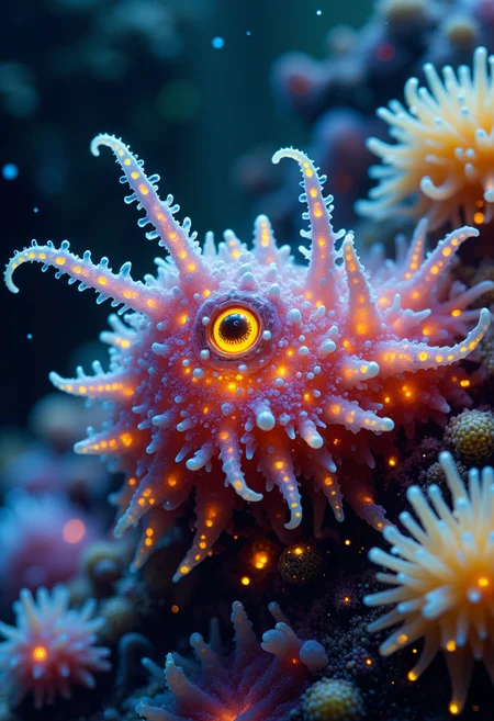 in the style of ck-ovf, award-winning macro photo, (short depth of field:1.2), the wondrous otherworldly "cautious floranwup" is a diminutive colorful translucent ocean-dwelling organism psionitoring in the extreme temperatures and chemical-rich waters surrounding deep-sea hydrothermal vents on planet "spikky remis secundus", there it is harnessing geothermal energy for sustenance