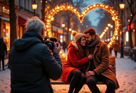 A realistic scene of an old photographer photographing lovers sitting on a heart-shaped bench made of burning garlands of light with a mirrored camera.  Two young men, a black man and a European man, are gently hugging a beautiful plump 20-year-old girl, who is glowing with happiness holding the guys' hands. 
The trio in love look at the camera. The background is a winter evening in Berlin, evening streets, burning bright lights of street lighting and advertising, walking Germans. Maximum quality, maximum detail, A masterpiece of photographic art
