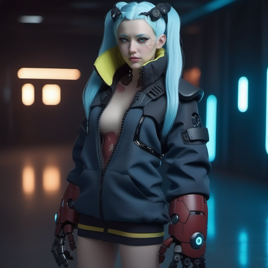 a woman with light blue skin, ligh blue hair, long pigtails,  wear a jacket, robotic big hands, cyberpunk background, highly detailed, photography, ultra sharp, film, bokeh, professional, 64k <lora:Rebecca1024:0.8>
