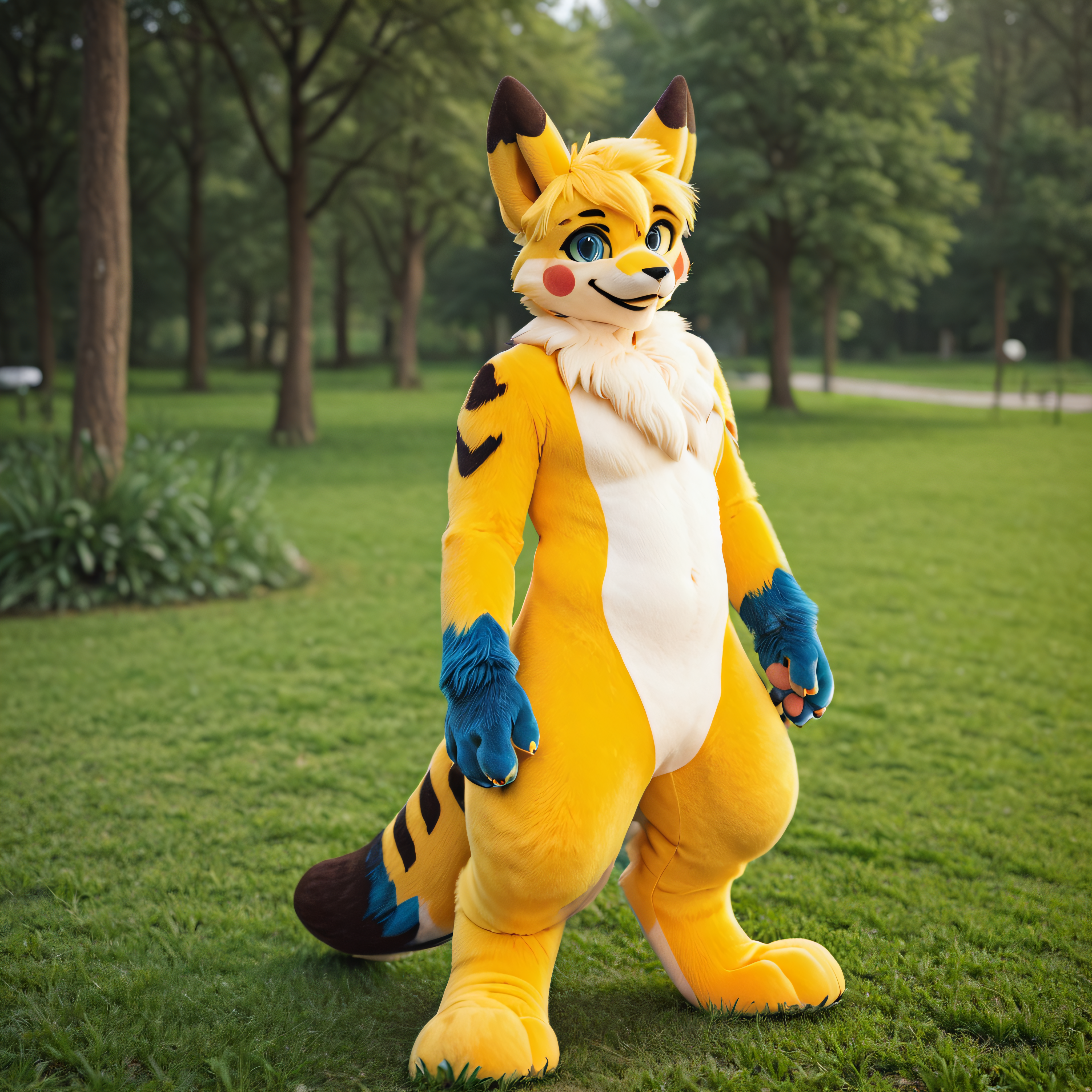 <lora:kemono_fursuit_style_Illustrious:1> <lora:PikaOc-IL:0.8>,  2024, very aesthetic, newest, best quality, masterpiece), cute,  pikaoc, yellow fur, blue eyes, blue paws, black tail tip, black ears, 1boy, solo, outdoors, in park, green grass, daytime, sharp image, full body   ## detailed face, (detailed face), detailed ears, detailed clothing, detailed body, (detailed body), detailed hair, detailed background, ## (broad snout:1.1), handsome face:1.5, no humans ## (fursuit, furry costume, kemono, fursuit, cosplay, animal suit), ,