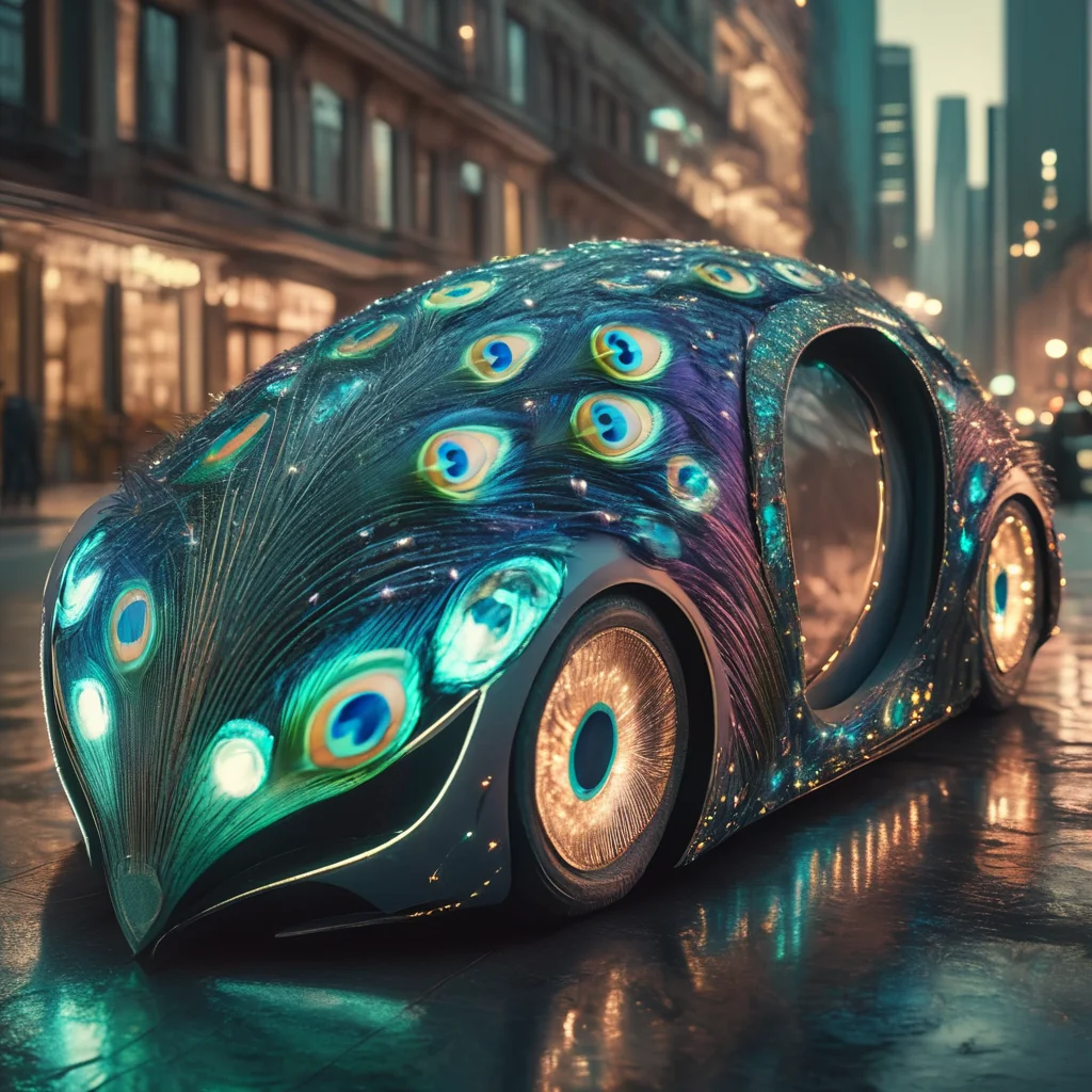 pavolaris futuristic car in city with peacock feathers, professional photo, expressive, detailed, sharpened, cinematic<lora:pavolaris:1>