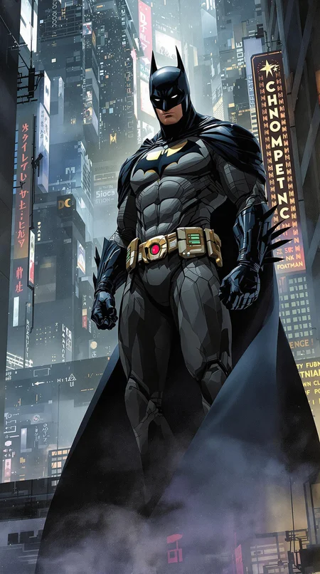 Batman, urban comics, DC, sci-fi, high tech, iconographic, glitchy backgrounds, watercolor, ink, fog, interactivity, high detail, art style by Clayton Crane + Ross Tran + Rachel Walpole + Jessica LeVay + Dan Walbert + Simon Stålenhag + Brian Stelfreeze