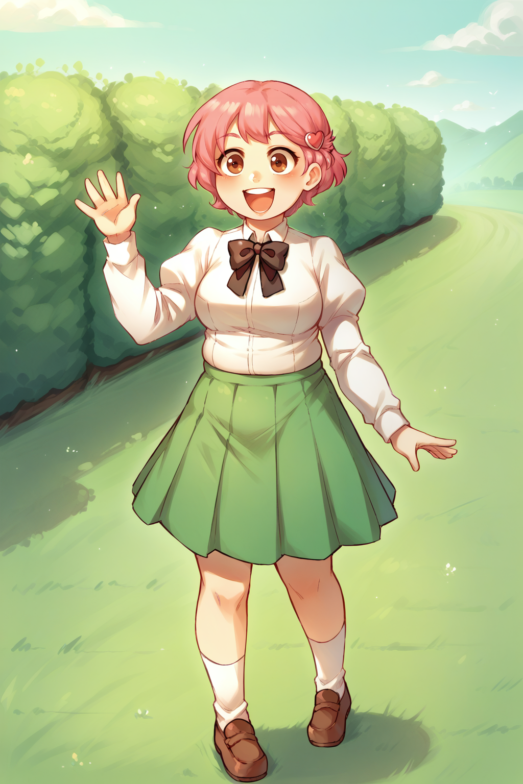score_9, score_8_up, 1girl, solo,  <lora:NSMishaKatawa:1> NSMishaBase, brown eyes, pink hair, short hair, hair ornament, black bowtie, white collared shirt, puffy sleeves, long sleeves, green skirt, pleated skirt, white socks, brown shoes, outdoors, waving, happy, open mouth, chubby