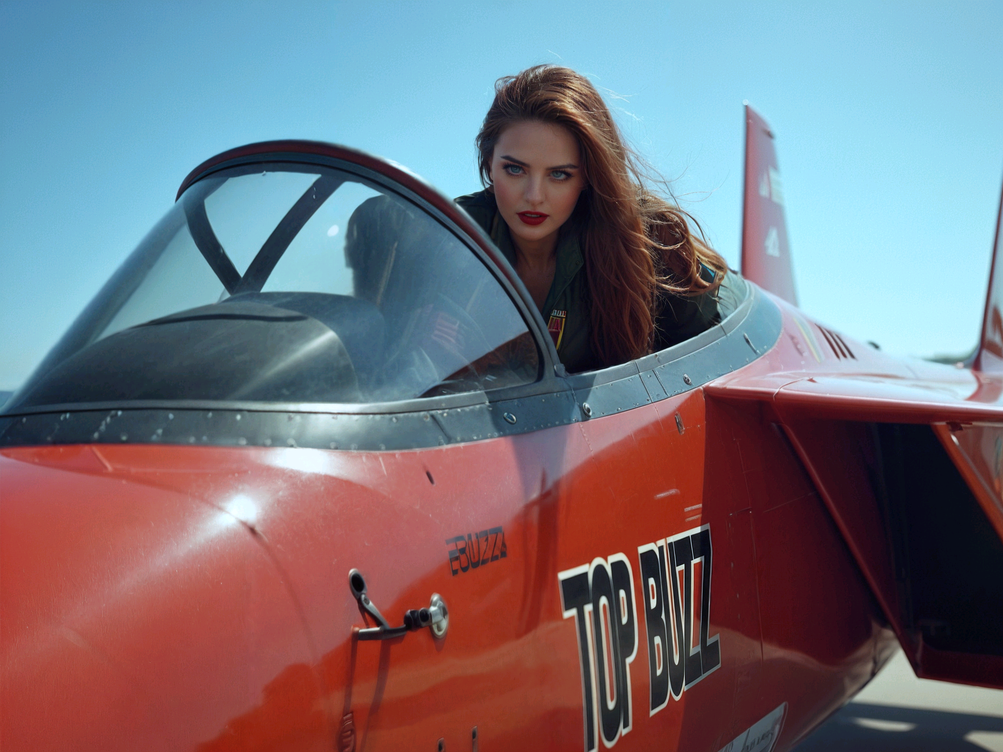 cinematic film still a colorful, high contrast, vivid photograph a whole F14, a young woman wearing a flight suit is the pilot of the F14, long hair hanging out of the canopy, (the side of the F14 says TOP BUZZ:1.6), highly insanely detailed, masterpiece, top quality, best quality, highres, 4k, 8k, RAW photo . shallow depth of field, vignette, highly detailed, high budget, bokeh, cinemascope, moody, epic, gorgeous, film grain, grainy