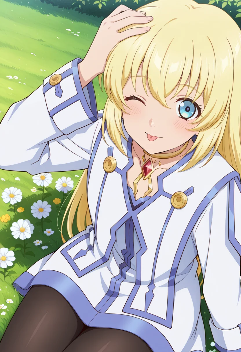 grass, day, flowers,
BREAK,
light smile, blush, tongue out, one eye closed, hand on head, sitting,
cowboy shot, dynamic angle, from above,
BREAK,
<lora:coletteXL_illustriousXL_v01:0.9>
colettedef, blonde hair, blue eyes, long hair, hair between eyes,
choker, red gemstone, chest jewel, collarbone,
blue trim, white robe,
pantyhose, white footwears,, source_anime, very aesthetic, anime coloring, masterpiece,
best quality, amazing quality, ultra detailed, very aesthetic,
detailed background,
BREAK,