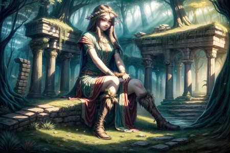 <lora:FantasyRuins:0.8> FanRu, magical fantasy world, ruins, overgrown, druid girl, best quality, masterpiece, <lora:more_details:0.65>