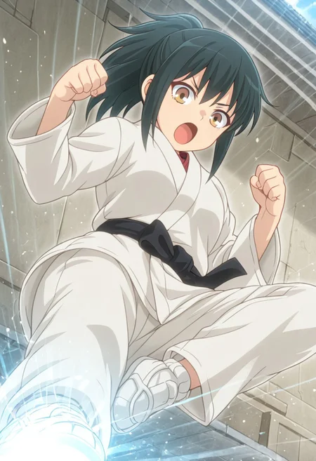1girl, solo, masterpiece, best quality, newest, absurdres, CG, anime, source anime, illustration, nyalia
BREAK 1girl, solo, Orihara_LW, black hair, ponytail, brown eyes, sidelocks
dougi
dynamic pose, <lora:kamen-rider-kick-illustriousxl-lora-nochekaiser:1>, kamen rider kick, looking at viewer, open mouth, kicking, flying kick, motion lines, motion, hands up, clenched fist,
outdoors, day
cinematic angle, alternate angles, alternate detailed background, beautiful background, (rays light:1.0),(grow:1.0), light particles
