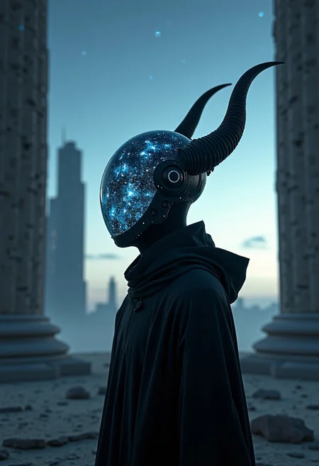 Cinematic, futuristic scene featuring a close-up portrait of a mysterious figure wearing a dark, flowing robe. The figure stands in a serene, dream-like landscape surrounded by massive, ancient pillars, under a vast starry night sky. The figure's helmet is elongated, with a transparent, glowing glass revealing swirling cosmic patterns and electric energy, evoking an otherworldly aura. Two large, symmetrical, twisted horns extend from the helmet, blending advanced technology with alien design. In the distant background, tall buildings and skyscrapers rise softly into a horizon with a gentle, ethereal glow, enhancing the enigmatic atmosphere. Highly detailed, hyper-realistic, soft lighting, HKMagic style