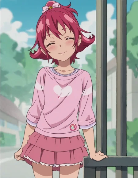 score_9, score_8_up, score_7_up, anime screencap, solo, 1girl, aidamana, shirt, smile, pink shirt,pink skirt, pink bow,looking at viewer,cowboy shot,small breasts,blush,closed eyes, ^_^<lora:aidamana:0.8>