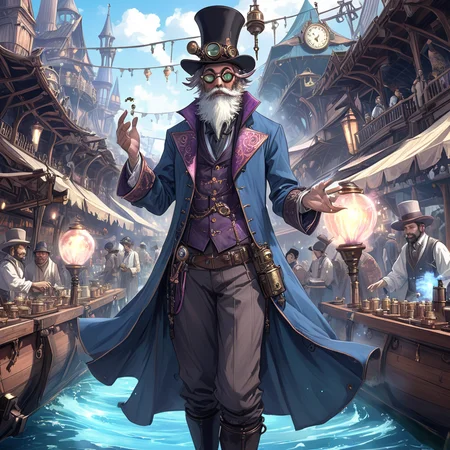 <lora:ArsMJStyle_-_AnimeA:1> ArsMJStyle, AnimeA, "Steampunk wizard casting spells in a floating market, blend of Victorian and Japanese elements. Character: bearded mage in top hat, brass goggles, clockwork staff. Market: airborne wooden platforms, canvas awnings, floating lanterns. Spell effects: swirling fractals of copper and azure energy. Technique: intricate mechanical details, soft watercolor backgrounds, strong contrast. Crowds of diverse fantasy races bustling about."