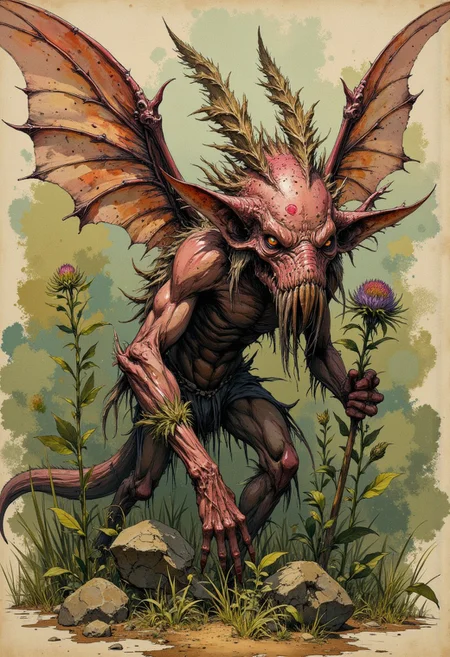 Create a detailed and assertive sketch that captures the raw, earthy essence of a mystical and slightly unsettling world. The style should employ rich, hand-drawn textures with bold, confident lines and layered tonal washes, evoking a sense of age, wisdom, and folklore. The color palette should lean on vivid earthy tones—deep greens, umbers, ochres, and smoky grays—enhanced with touches of whites and with occasional accents of rich jewel tones to create striking focal points. The atmosphere should feel grounded and mature, blending whimsy with an underlying edge of darkness and intrigue.
The characters or elements should exhibit intricate, naturalistic detailing, portraying imperfections and textures that emphasize personality and depth. Faces, if present, should feel expressive and weathered, reflecting stories of a long-forgotten age. The focus will be on a specific subject—the pink coneflower faery—rendered with care to highlight its organic integration into the scene, with every detail contributing to a complex, immersive narrative. The overall composition should carry an air of mystery and timelessness, resonating with the weight of forgotten myths and unspoken secrets.