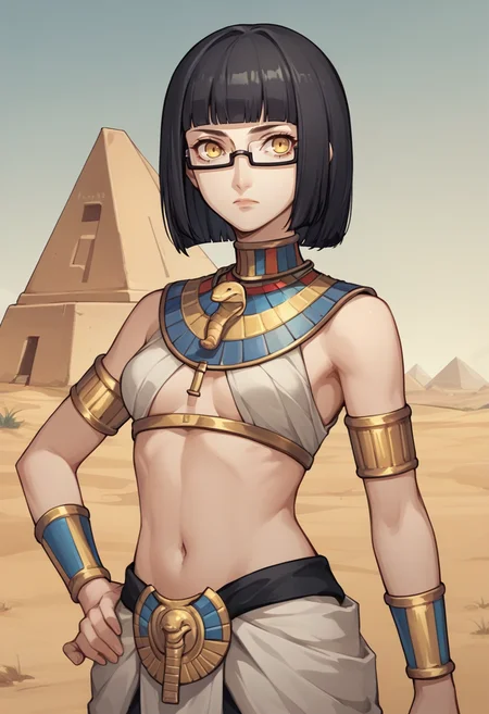 score_9, score_8_up, score_7_up, source_anime, 1girl, looking at viewer, expressionless, hand on hip, <lora:zs_WakabaXL:1> wakabap5, black hair, bob cut, blunt bangs, glasses, yellow eyes, usekh collar, egyptian clothes, midriff, pyramid \(structure\), desert, sky
