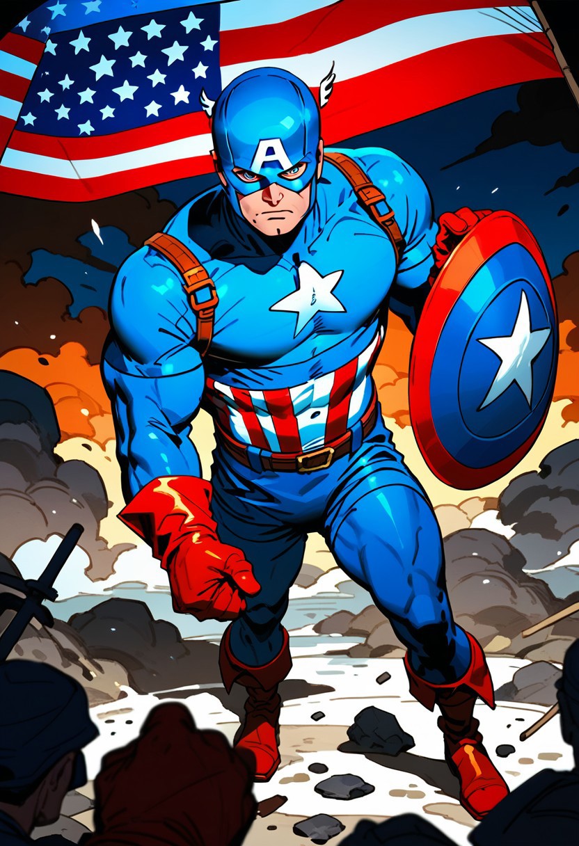 score_9, score_8_up, score_7_up, source_comic, CAPTAIN AMERICA, solo, gloves, 1boy, holding, standing, weapon, male focus, boots, belt, english text, bodysuit, muscular, copyright name, helmet, muscular male, red gloves, shield, flag, manly, superhero, blue bodysuit, holding shield, american flag