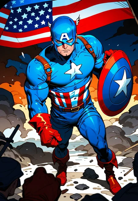 score_9, score_8_up, score_7_up, source_comic, CAPTAIN AMERICA, solo, gloves, 1boy, holding, standing, weapon, male focus, boots, belt, english text, bodysuit, muscular, copyright name, helmet, muscular male, red gloves, shield, flag, manly, superhero, blue bodysuit, holding shield, american flag