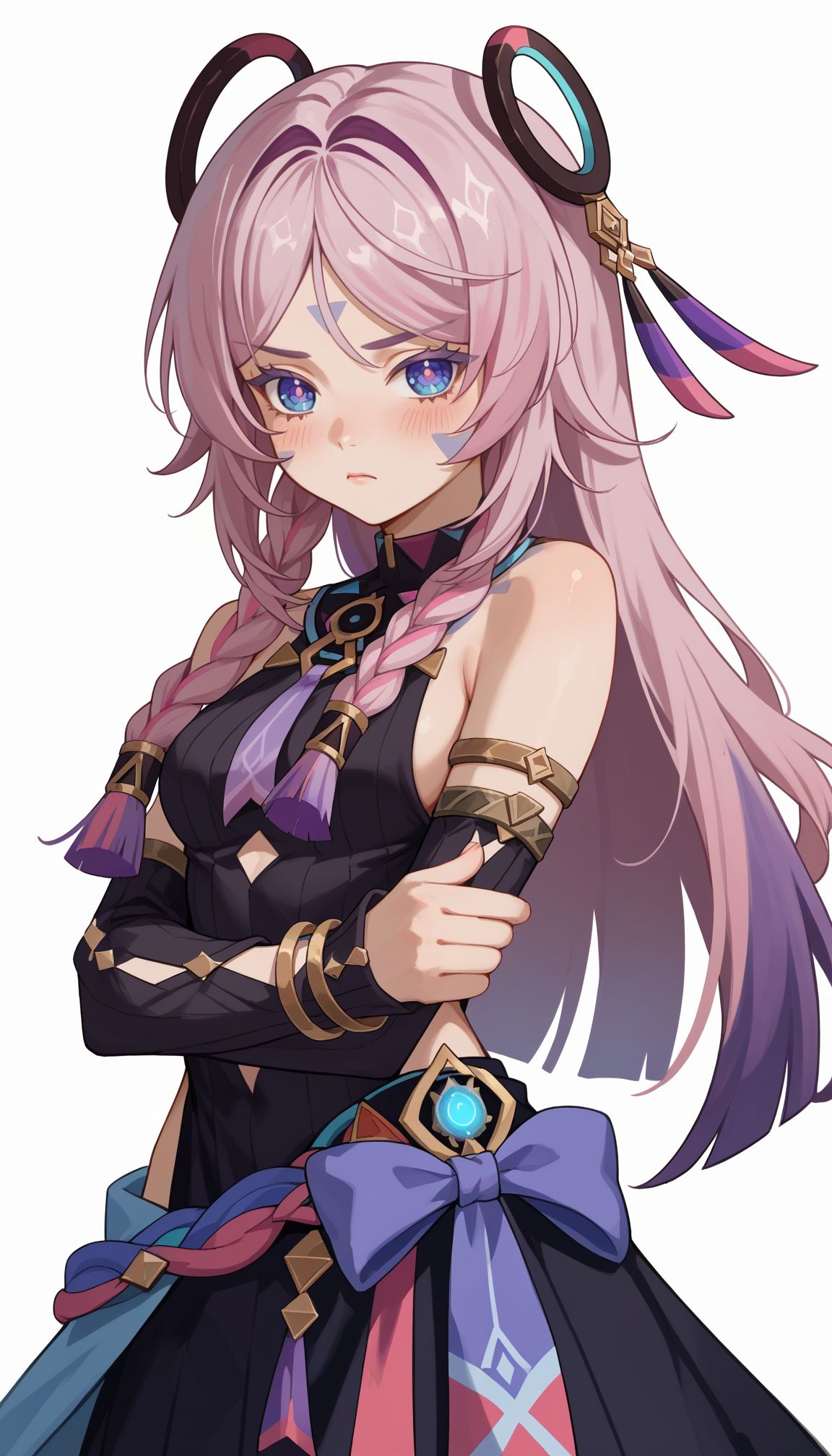 score_9, score_8_up, score_7_up, source_anime, 
 <lora:Citlali:1> citlali_(genshin_impact), 1girl, blue eyes, long hair, white background, black dress, simple background, pink hair, medium breasts, looking at viewer, braid, cropped legs, detached sleeves, hair ornament, multicolored hair, bare shoulders, blush, purple hair