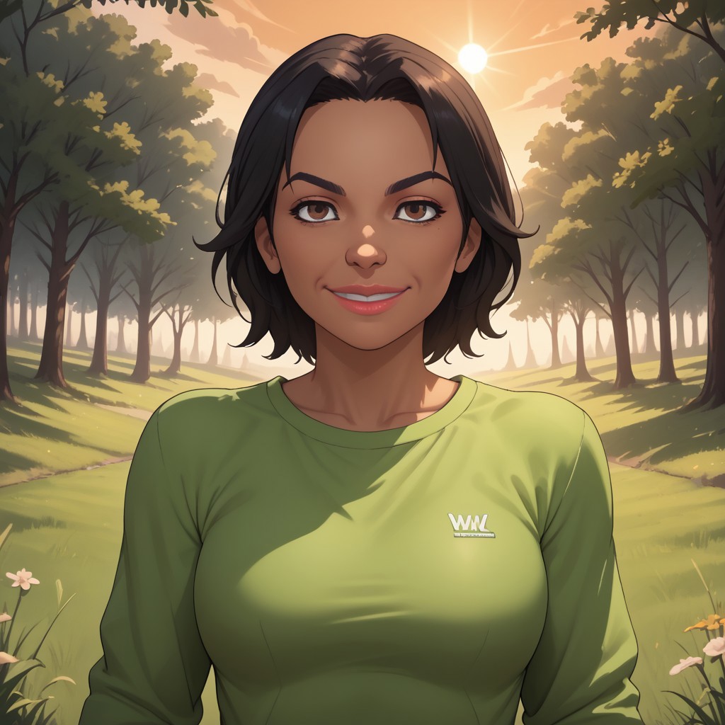 score_9, score_8, BREAK, solo, wii, mii, wii sports, 1girl, female mii, brown eyes, black hair, black eyebrows, lips, dark skin, light green clothing, white pants, shoes, nintendo mii, modern_mii, classic_mii, breasts, Maria_(Wii_Sports), dark skin female, sexy pose, self portrait, smile, outdoors, sunlight, shadows, evening lighting, natural lighting, forest, trees, grass, orange sky, sunset