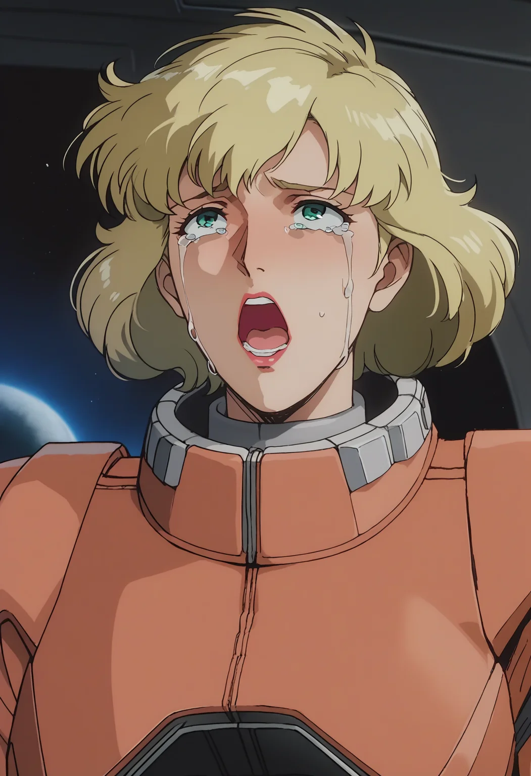 score_9, score_8_up, score_7_up, score_6_up, anime screencap, anime coloring, <lora:G0083NP:0.9>, G0083NP, blonde hair, short hair, green eyes, lipstick, red spacesuit, grey gloves, grey belt, grey footwear,
cowboy shot, crying with eyes open, crying, open mouth,
BREAK, space, black background, star \(sky\), indoors,