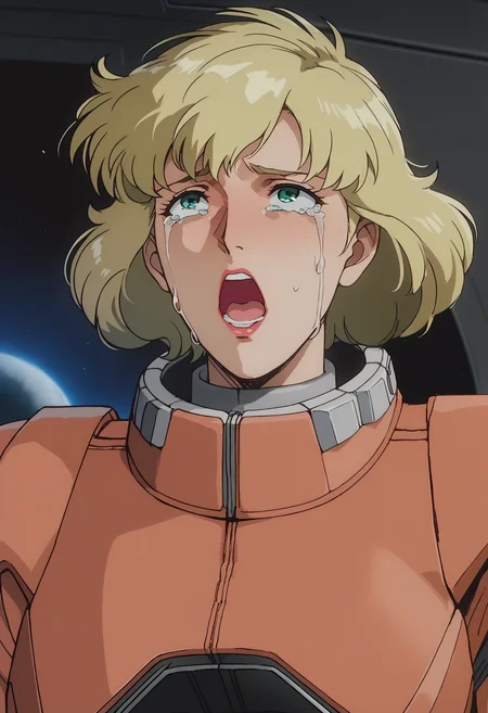 score_9, score_8_up, score_7_up, score_6_up, anime screencap, anime coloring, <lora:G0083NP:0.9>, G0083NP, blonde hair, short hair, green eyes, lipstick, red spacesuit, grey gloves, grey belt, grey footwear,
cowboy shot, crying with eyes open, crying, open mouth,
BREAK, space, black background, star \(sky\), indoors,