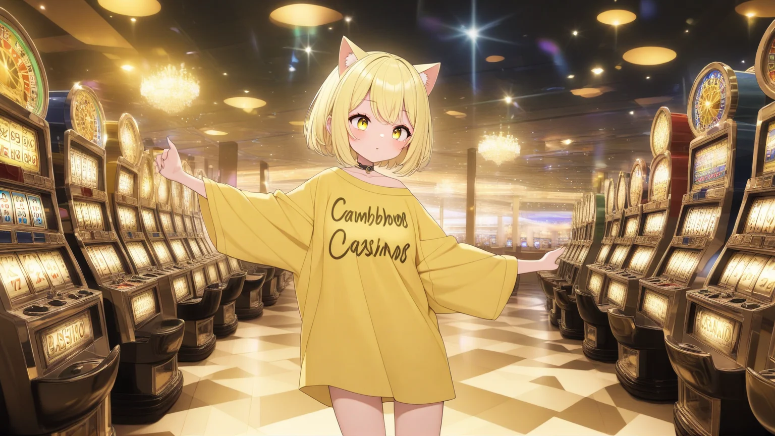 nyana, mamabichos text on shirt, cat girl, cat ears, blonde hair, yellow eyes, yellow shirt, oversized shirt, big eyes, short hair, solo, render, shading, best quality,
full body, casino, slot machine, bright lights, gambling,
<lora:NYANA-XL-t2:0.6>