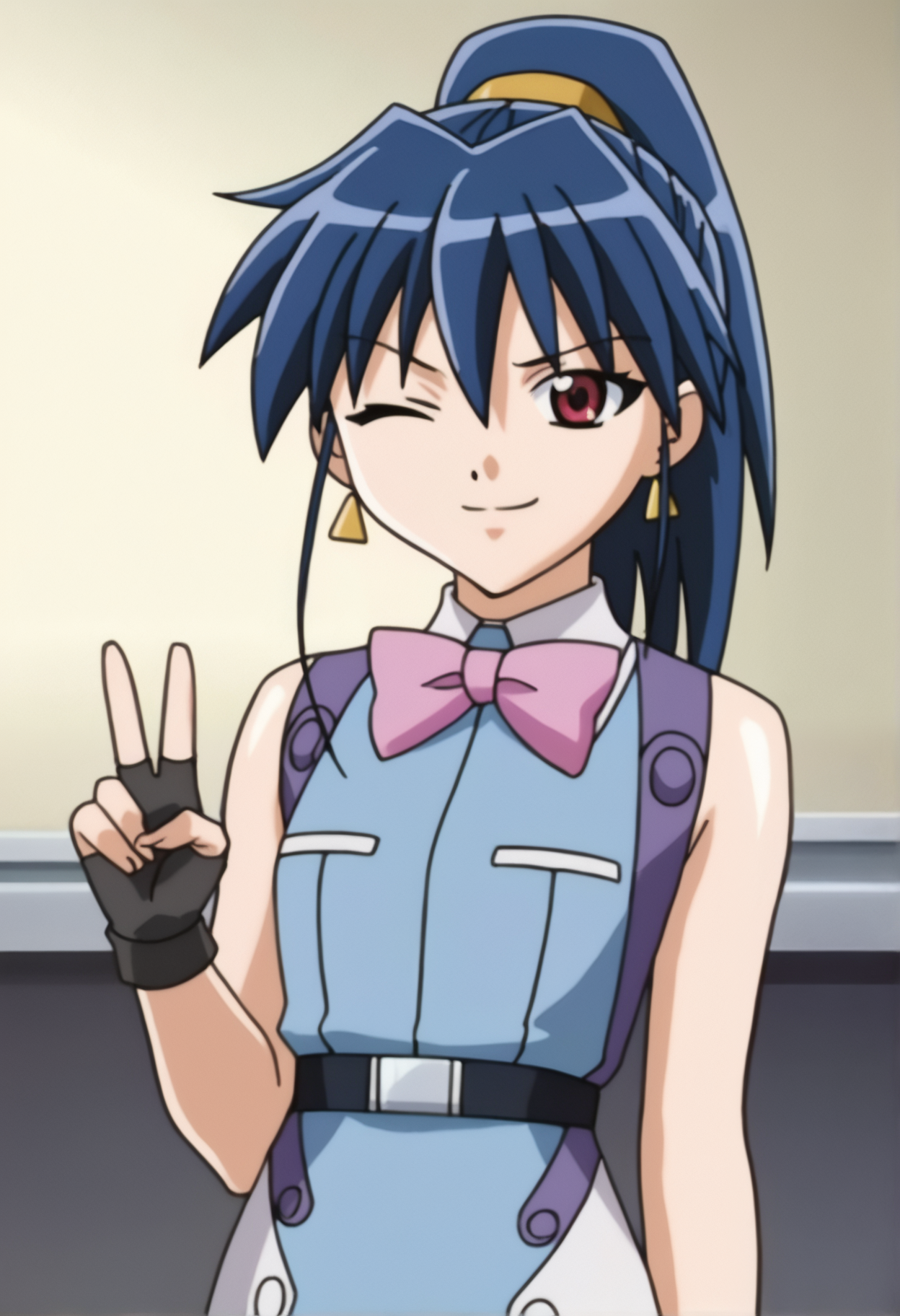 score_9_up, scorce_anime, misty_cornwell, blue hair, 1girl, solo. ponytail, jewelry, earrings, red eyes. looking at viewer, high ponytail. bow, bowtie, pink bow, sleeveless, gloves, bare shoulders, fingerless gloves, dress, shirt, skirt. standing. smug. portrait. one eye closed. :p, v,
