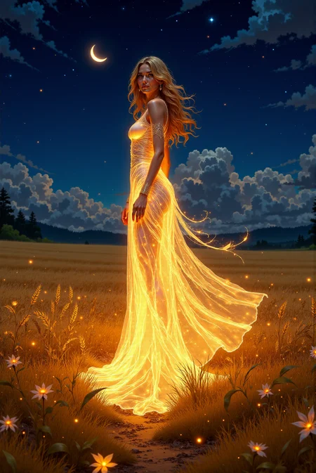 <lora:Vibrant_Glow_style:0.8> VibrantGlow style. (She wears a gentle smile:1.3).
A close view of an ethereal, luminous, celestial woman standing gracefully, (slightly turned to the viewer:1.2), (knee-deep in a vast wheat field in the dark of midnight), her bright presence illuminates surroundings with soft ethereal glow. Her flowing, glowing brightly, semi-translucent gown cascades like liquid light, woven from delicate threads of intensely luminescent energy, glowing brilliantly in shades of soft azure and shimmering silver. Each movement sends gentle ripples of glowing stardust drifting into the air, leaving a radiant trail in her wake. Her long, silken hair billows as if carried by an unseen cosmic breeze, infused with twinkling constellations and swirling nebula-like patterns, shining with a radiant brilliance that evokes the vastness of the universe itself. Her delicate form is traced with subtle, yet strikingly bright glowing outlines, emphasizing her otherworldly beauty. The delicate contours of her pale face remain serene, introspective grace, as if she exists between realms, caught in a moment of celestial reverie. The background consists of a vast, deep night sky stretching infinitely, sprinkled with distant stars, with a delicate crescent moon hanging low, casting a faint silvery glow over the endless wheat field. The wheat field seems to come alive in her presence, with each stalk catching the light of her glow, creating a sea of shimmering gold beneath the starry sky. Long, glossy leaves. Amidst the wheat, tiny points of light flicker, like earthbound stars, mirroring the celestial glow that emanates from her being. Rendered in a dreamlike, fantasy-infused digital style, the interplay of soft lighting, elegant transparency, and delicate luminescent textures evokes an atmosphere of cosmic serenity. She appears as a spectral guardian of the night, an ethereal being woven from the very fabric of the stars, standing upon the endless field beneath the infinite sky.