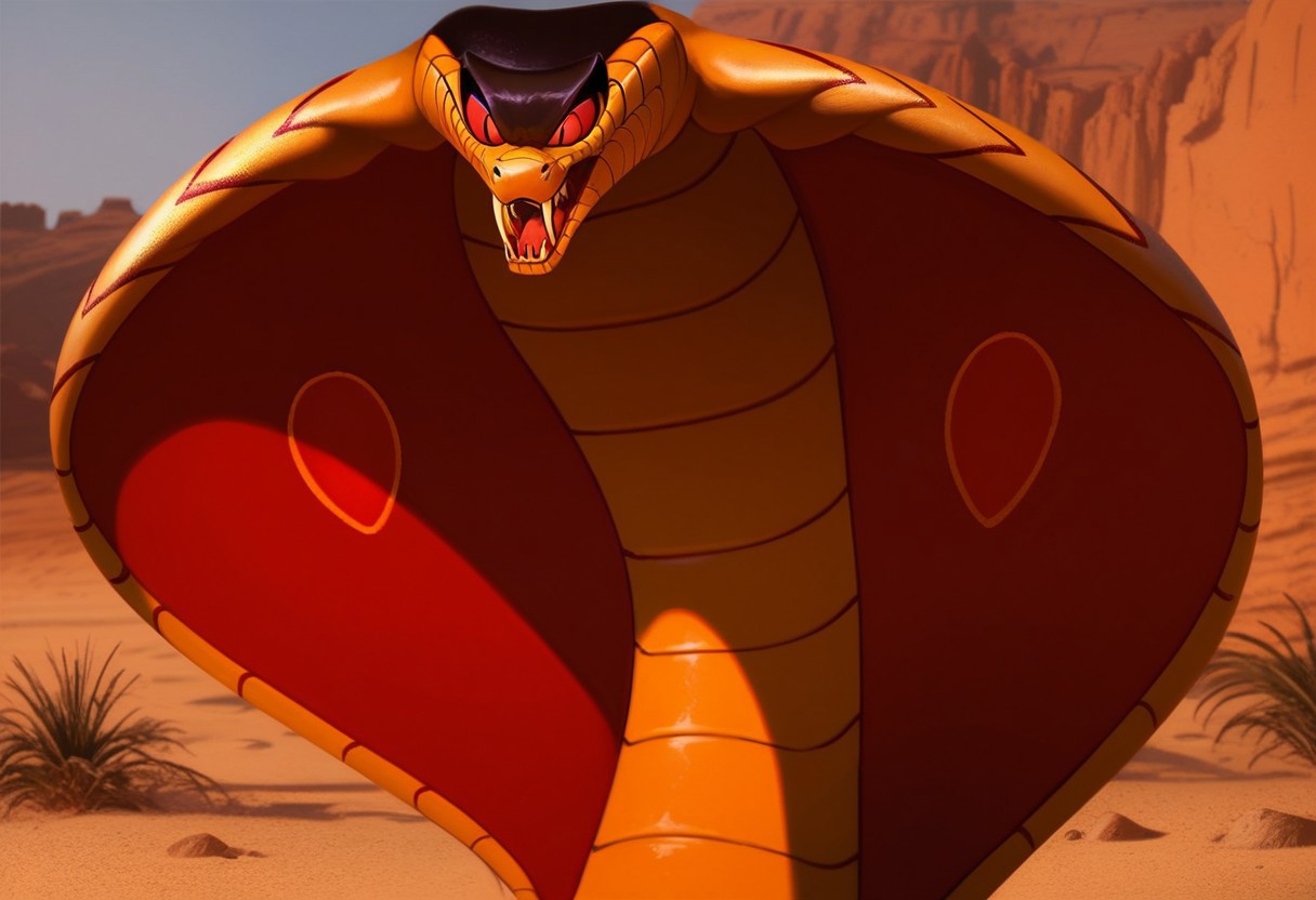 score_9, score_8_up, score_7_up, solo 1boy, expressiveh, (SnakeJafar, scalie, snake, cobra, feral, snake hood, reptile, black body, black scales, red body, red scales, fangs, closed mouth, red eyes), desert, sand,  cowboy shot, close-up, smile, detailed background, 4k, masterpiece, best quality, highly detailed, realistic