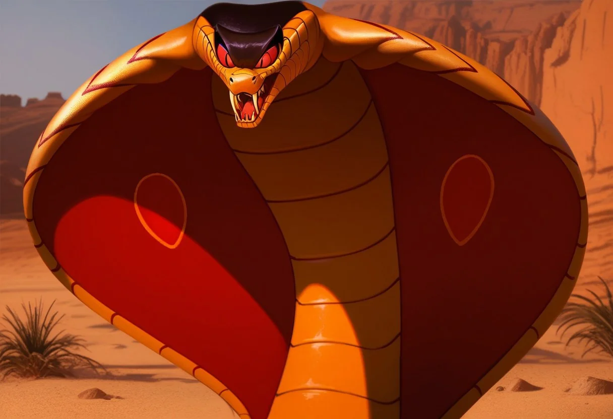 score_9, score_8_up, score_7_up, solo 1boy, expressiveh, (SnakeJafar, scalie, snake, cobra, feral, snake hood, reptile, black body, black scales, red body, red scales, fangs, closed mouth, red eyes), desert, sand, cowboy shot, close-up, smile, detailed background, 4k, masterpiece, best quality, highly detailed, realistic