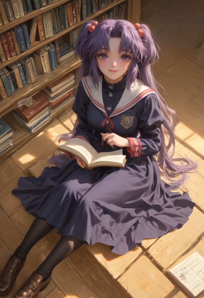 Masterpiece, official art, high resolution,score_9, score_8_up, score_7_up, score_6_up, rating_safe, semi-realistic, library, sitting, m legs, <lora:ichinose-kotomi-xl-20:1.2>, ichinose kotomi, realistic skin texture, clannad uniform, blue skirt,long skirt, black socks, two side up, holding a book, looking up, smile,extreme detailed