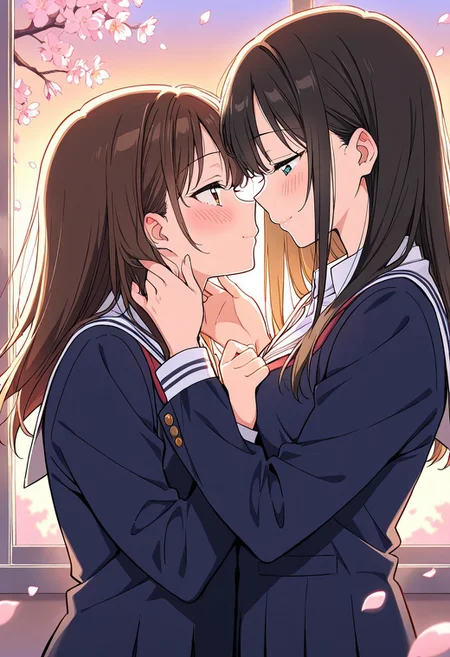 masterpiece, best quality,, 2girls in intimate moment, wearing school uniforms, soft embrace, close faces, blushing cheeks, lips almost touching, warm sunset lighting through classroom window, floating cherry blossom petals, delicate hand-holding, tender atmosphere, nsfw