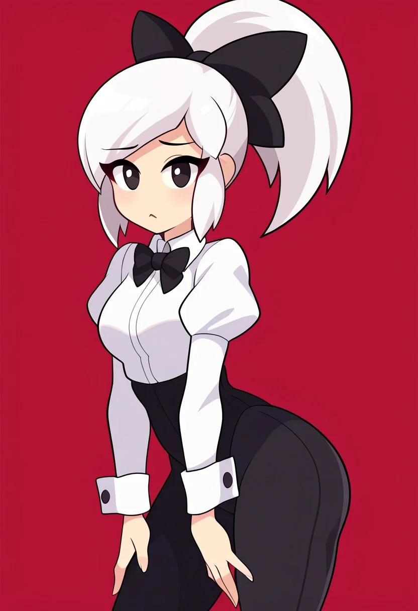 score_9, score_8_up, score_7_up, score_6_up, score_5_up, score_4_up, source_cartoon, <lora:confetti-extract- ponyxl:0.85>, detailed eyes, easynegative, rating_explicit, Expressiveh, 1girl, solo,
Geraldine, shirt, long sleeves, white shirt, white hair, ponytail, sidelocks, thighs, hair bow, collared shirt, pants, puffy sleeves, bowtie, black eyes,  wrist cuffs, black bow, dress shirt, swept bangs, black pants,  high ponytail, juliet sleeves, sleeve cuffs, traditional, thick thighs, big ass, wide hips, looking at viewer, blush, shy, 
gwain saga